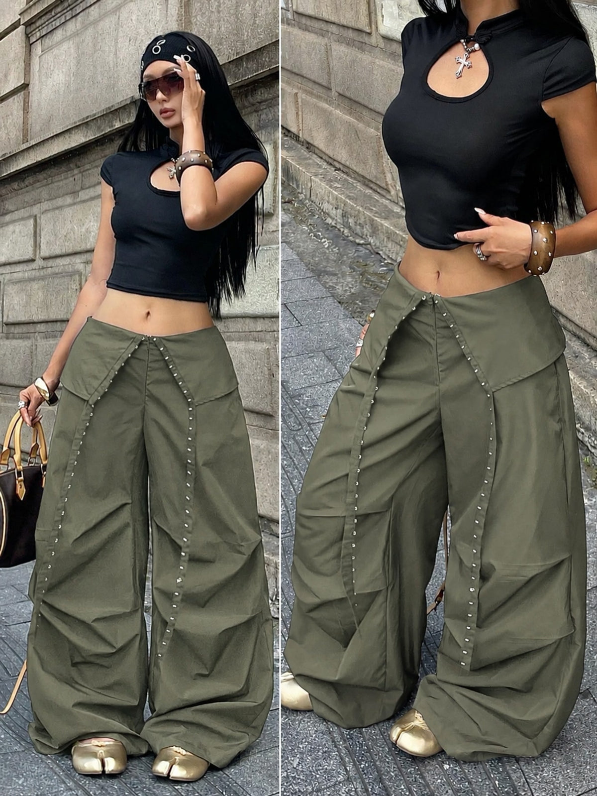Women's low rise parachute cargo pants featuring a loose straight leg cut, functional pockets, zipper fly, and subtle studded accents.