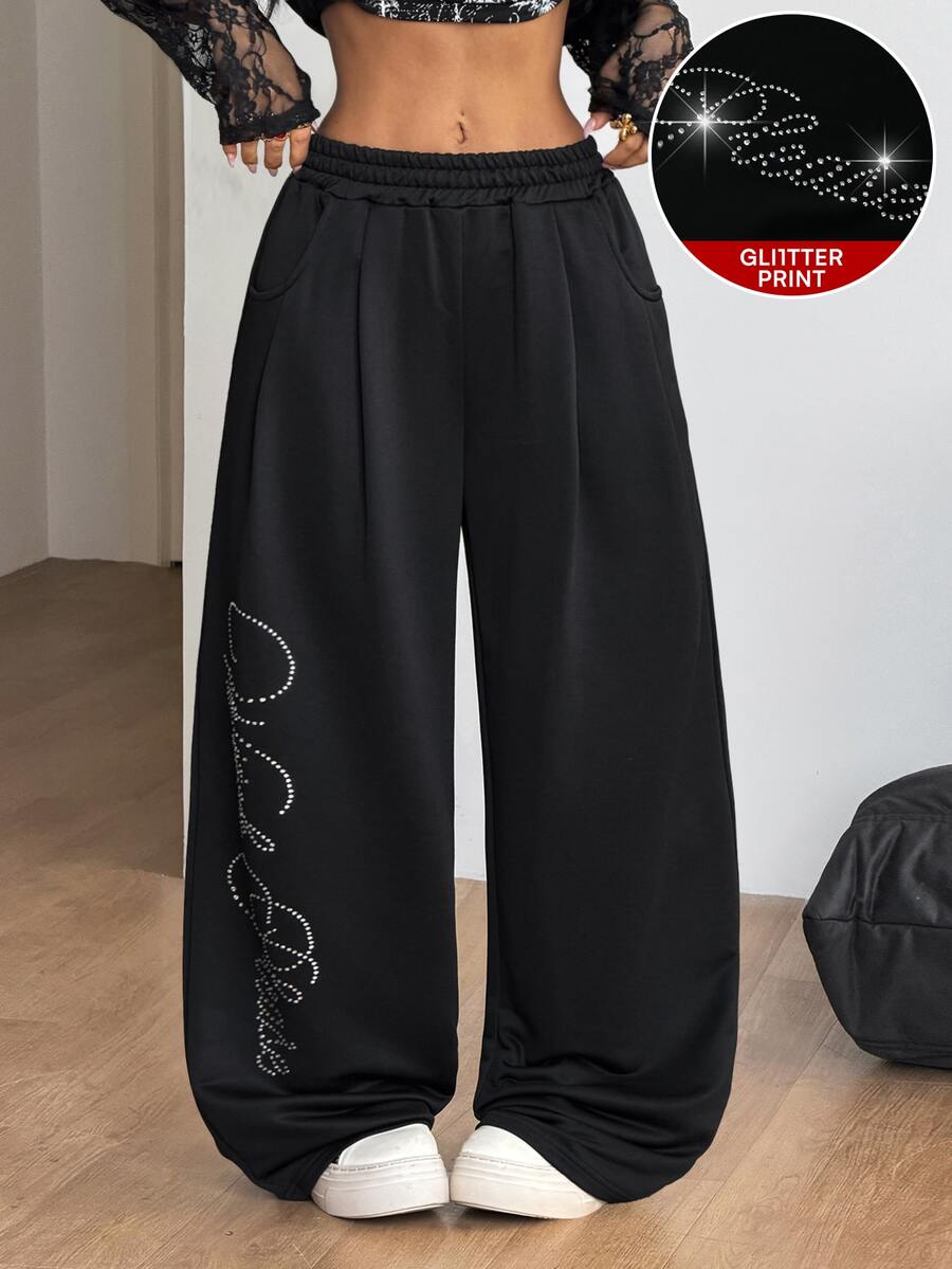 Women's loose straight leg casual pants with drawstring elastic waist and pockets