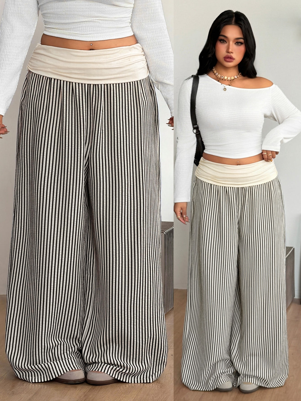 Women's plus size wide leg cotton pants featuring a relaxed loose fit and high waist design.