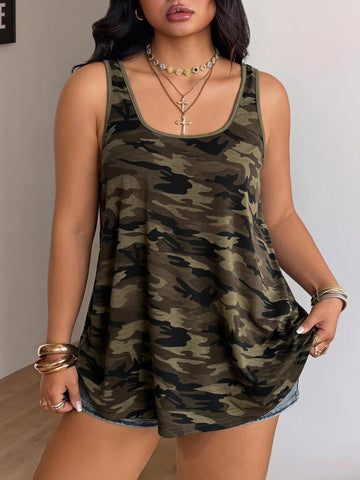 Women's camouflage print tank top featuring a scoop neckline and knitted stretch fabric in army green.
