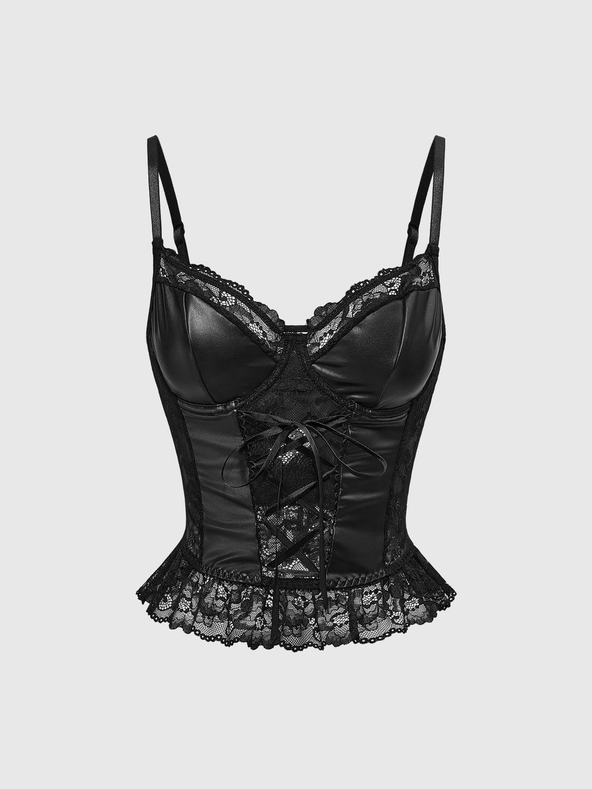 Front view of a black gothic camisole top featuring PU material, contrast lace trim, lace-up front detail, and spaghetti straps in a micro crop silhouette.