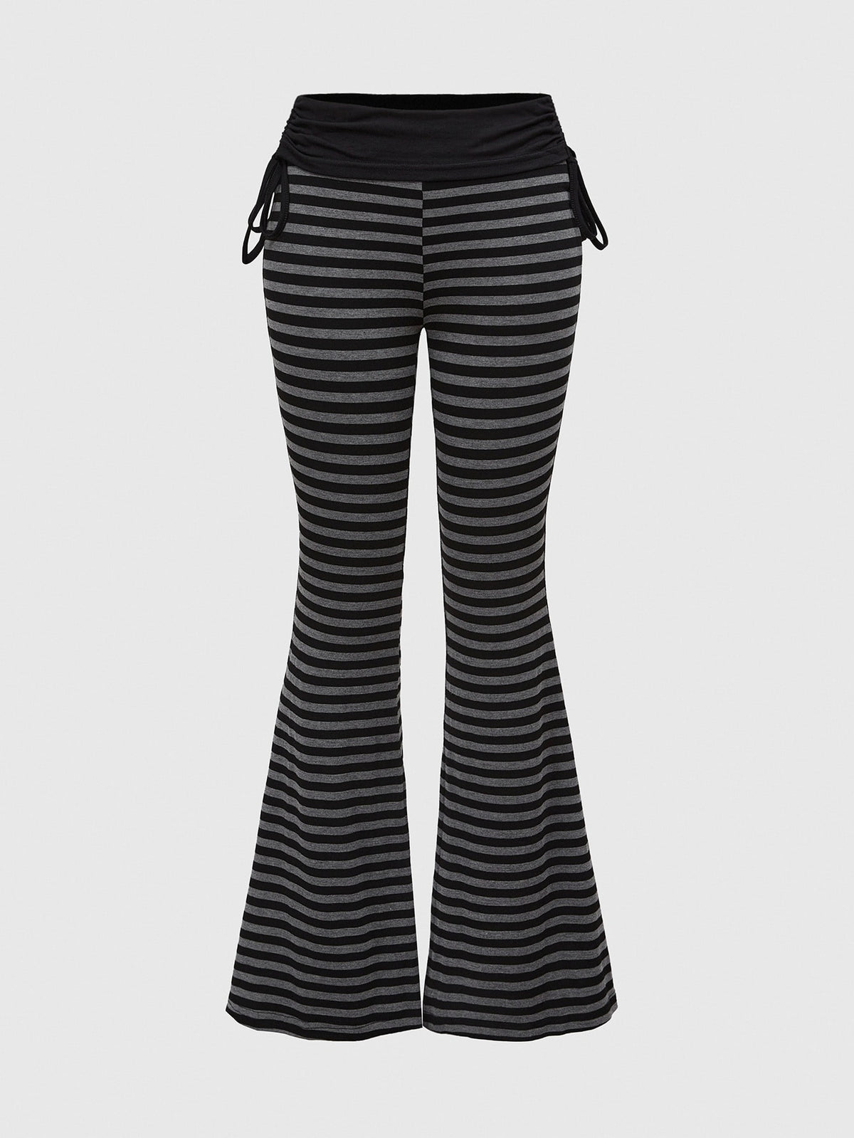 Women's low waist flare leg pants featuring an elastic drawstring waistband and ruched detail in knitted fabric.