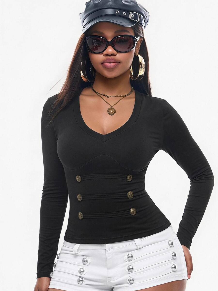 Women's fitted long sleeve rib-knit top featuring a deep V-neckline with delicate contrast lace detailing.