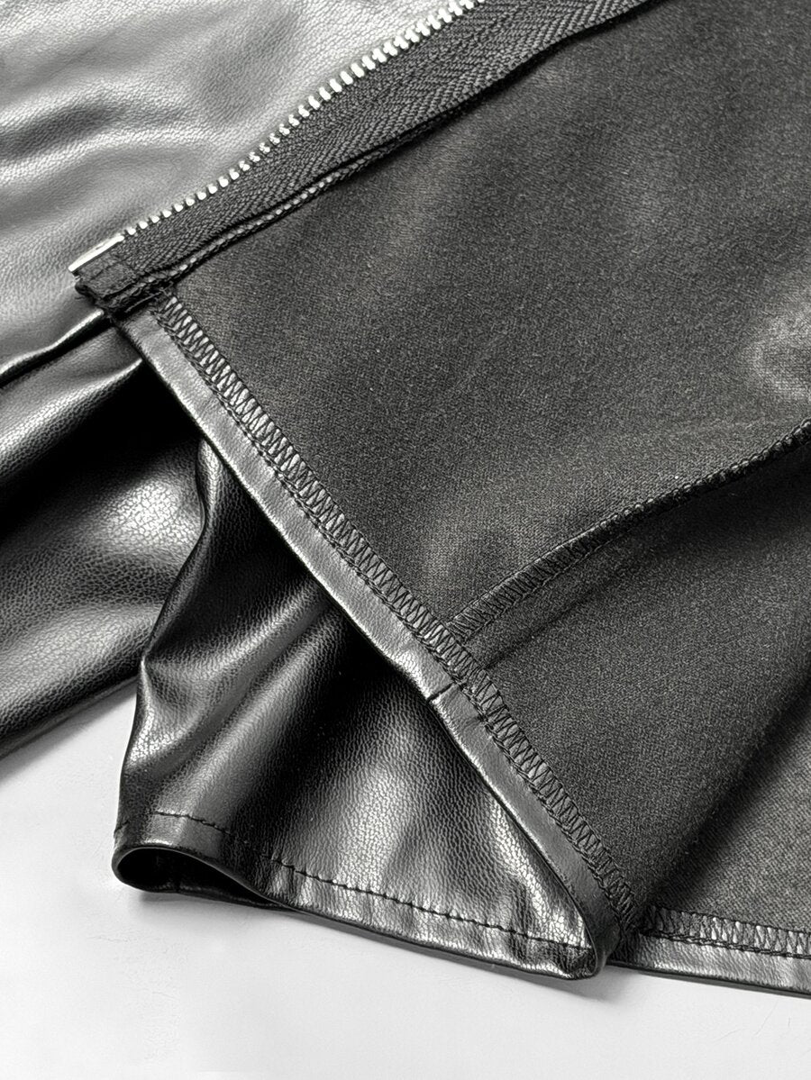Women's black cropped PU leather jacket featuring a stand collar, long sleeves, and front zipper closure