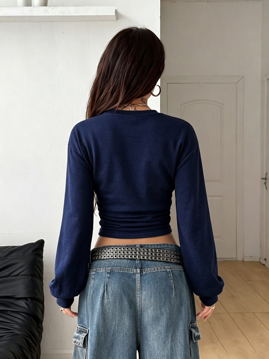 Women's brown waist-cinching sweatshirt featuring a round neck, drop shoulder long sleeves, and rib-knit cuffs.