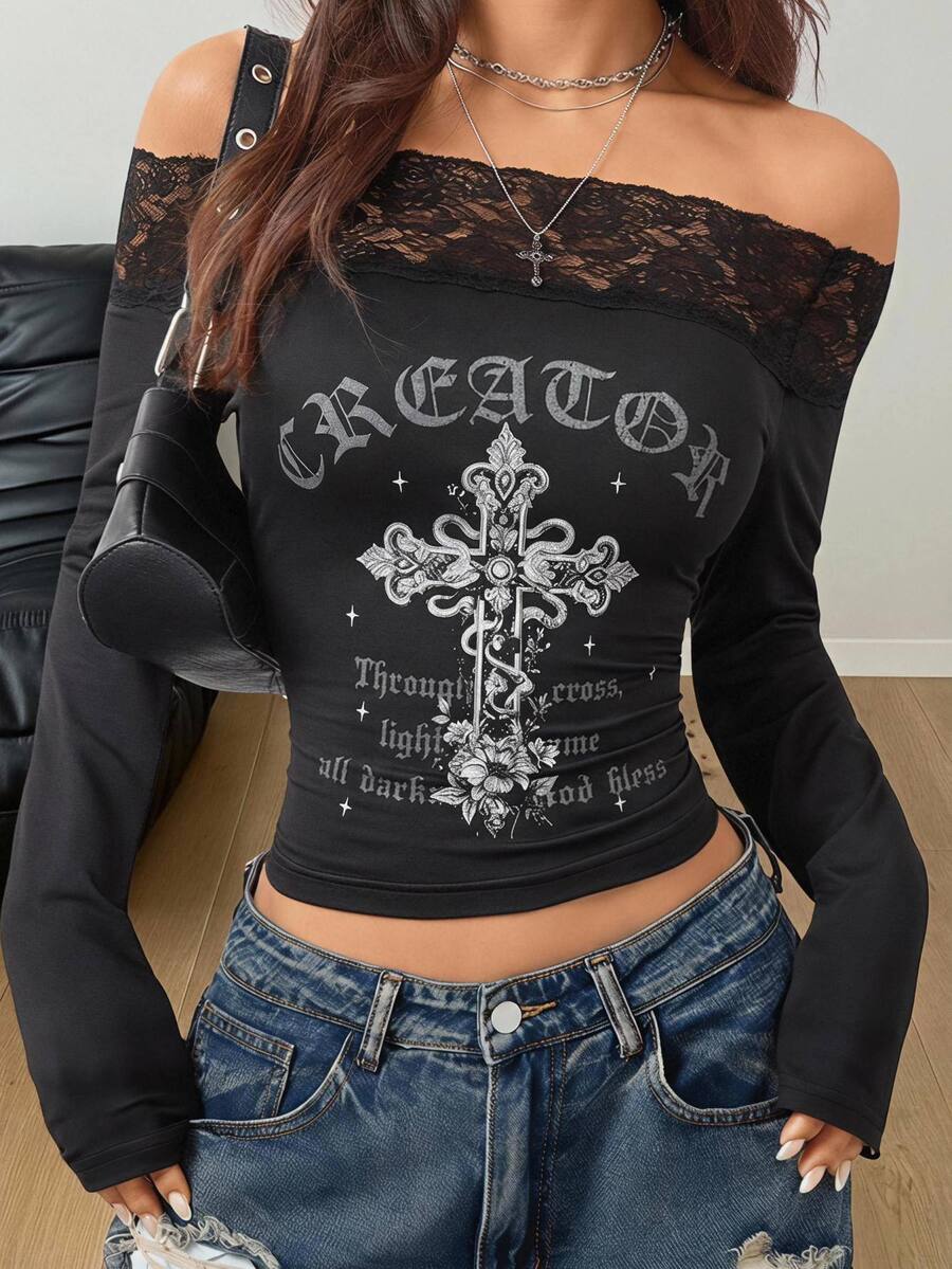 Women's striped off the shoulder long-sleeve top with contrast lace trim and ribbed knit texture.