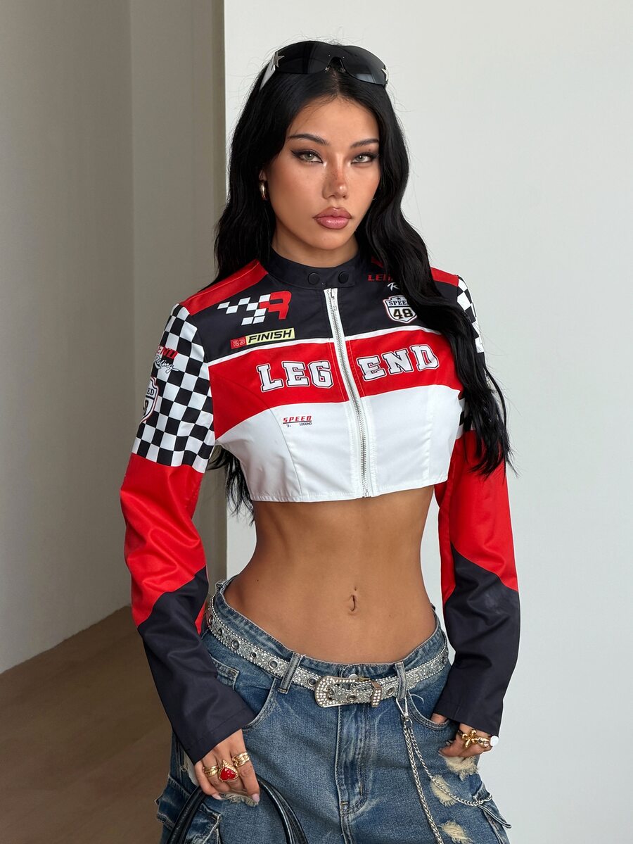 Front view of a women's black cropped PU leather jacket featuring a stand collar, long sleeves, and front zipper closure.