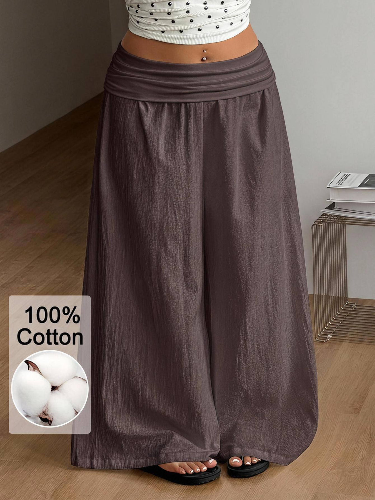 Women's plus size wide leg cotton pants featuring a relaxed loose fit and high waist design.