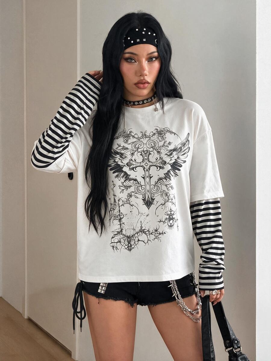 Women's casual graphic long sleeve t-shirt with a round neck, drop shoulder sleeves, and loose relaxed fit.