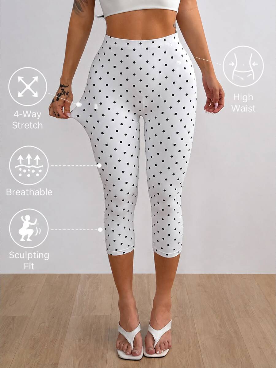 White capri leggings with elastic waistband and high stretch knitted fabric for women