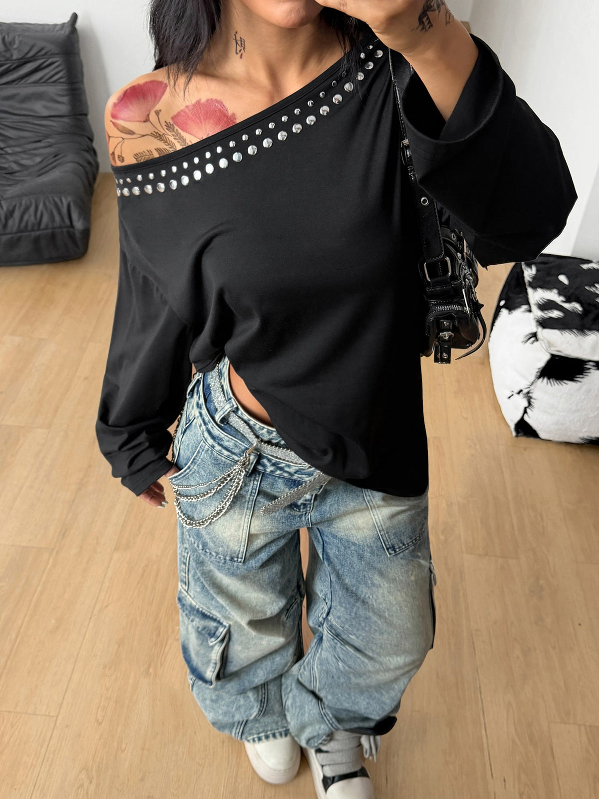 Women's brown striped boat neck long sleeve raglan T-shirt with a loose casual fit