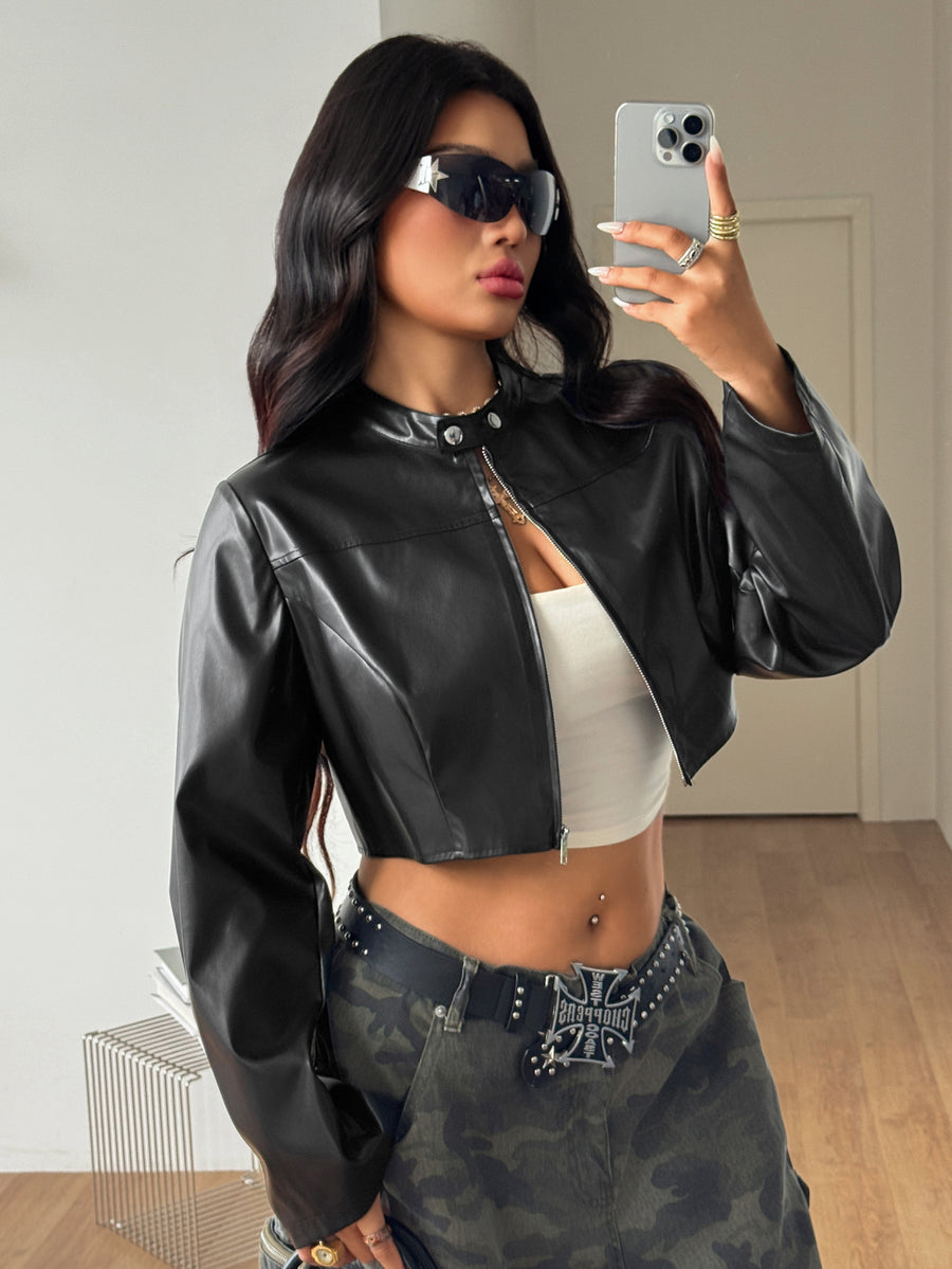 Women's black cropped PU leather jacket featuring a stand collar, long sleeves, and front zipper closure