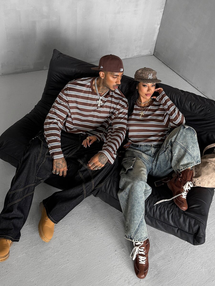 Women's coffee brown striped long sleeve crop top with a round neckline and drop shoulder design.