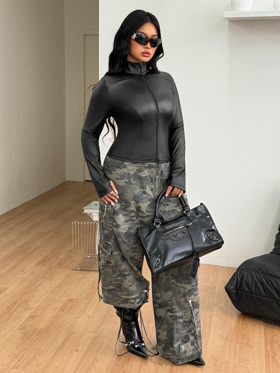 Black plus size women's slim fit zip-up jacket with a high neck and extra-long sleeves crafted in stretch PU fabric