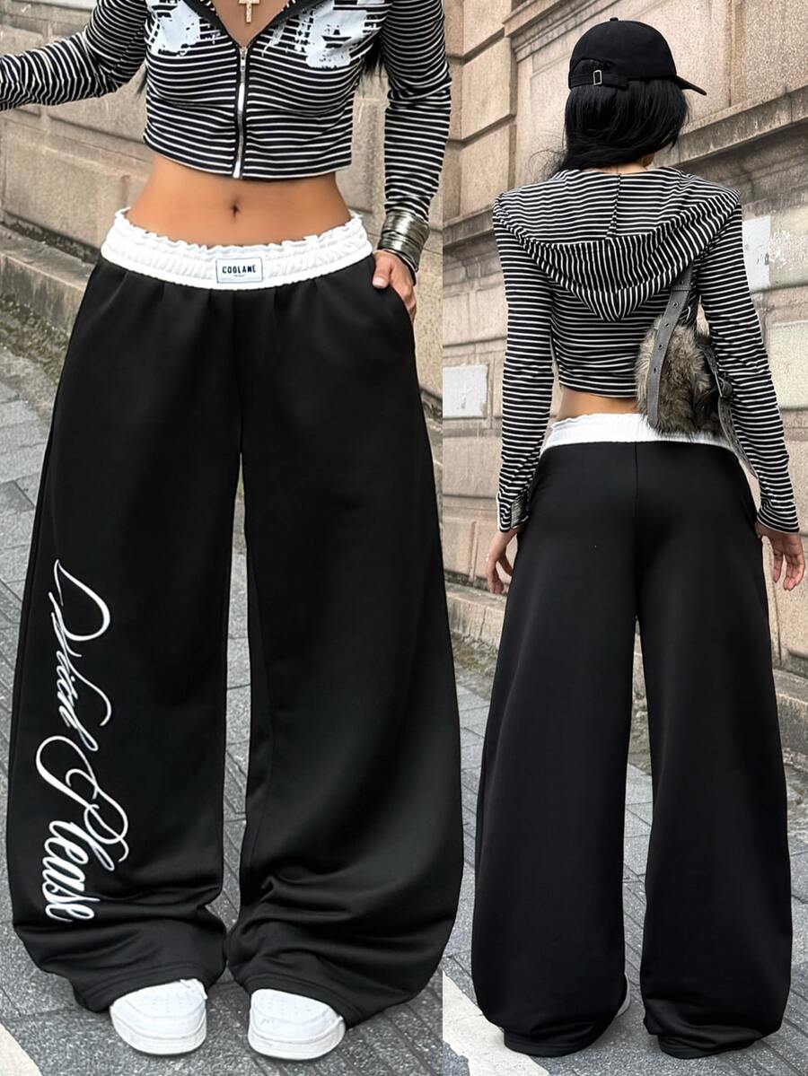 Women's striped straight leg casual trousers with elastic mid waist and side pockets