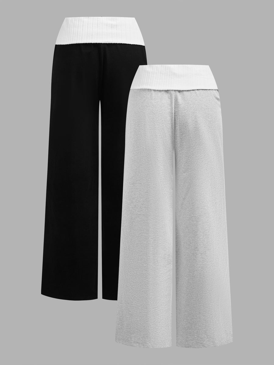 Women's wide leg flare lounge pants made of 95% cotton with a low elastic waistband and extra long hem.