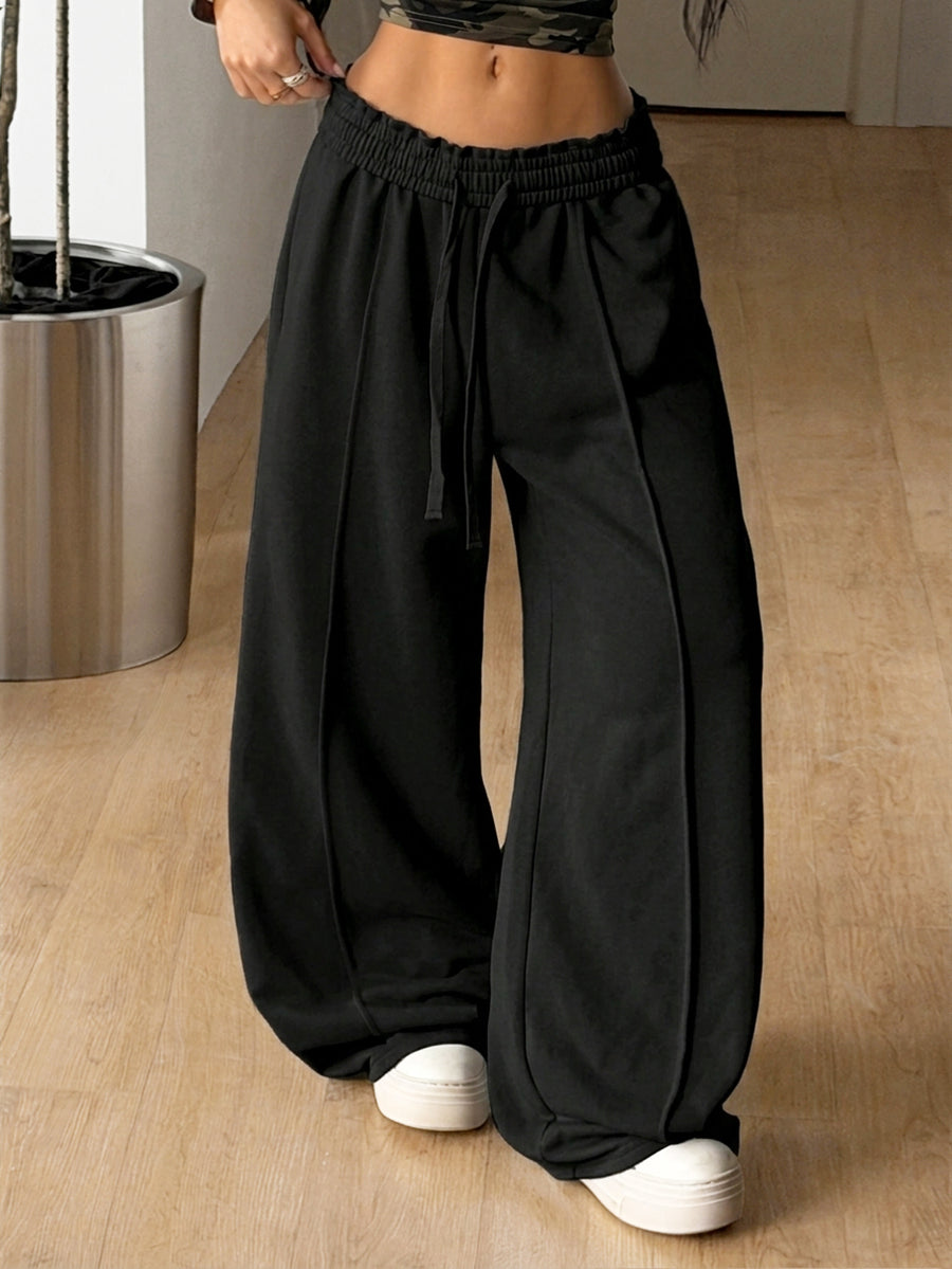 Women's striped straight leg casual trousers with elastic mid waist and side pockets
