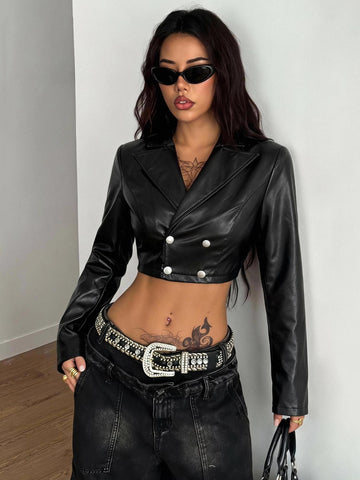 Front view of a women's black cropped PU leather jacket featuring a stand collar, long sleeves, and front zipper closure.