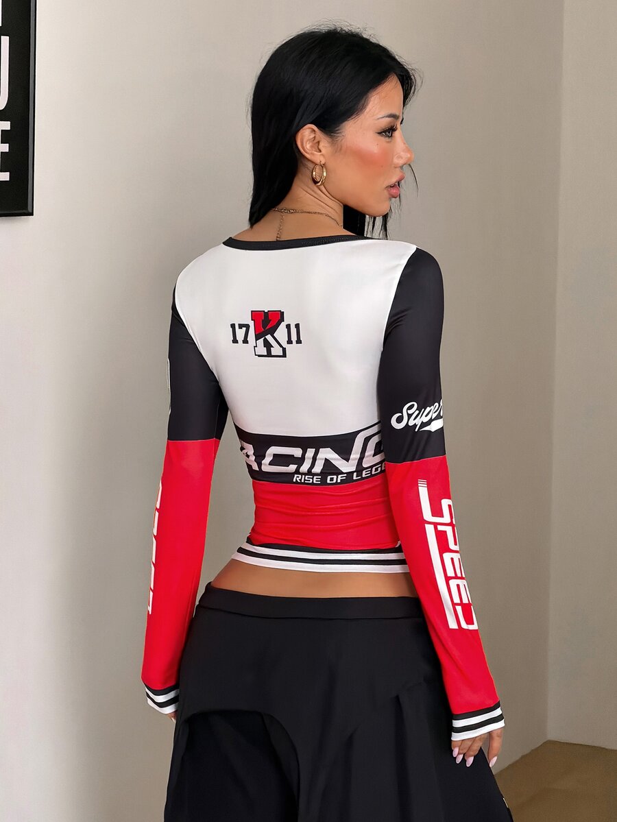 Women's slim fit long sleeve V-neck t-shirt with ruched bustier details in knitted stretch fabric
