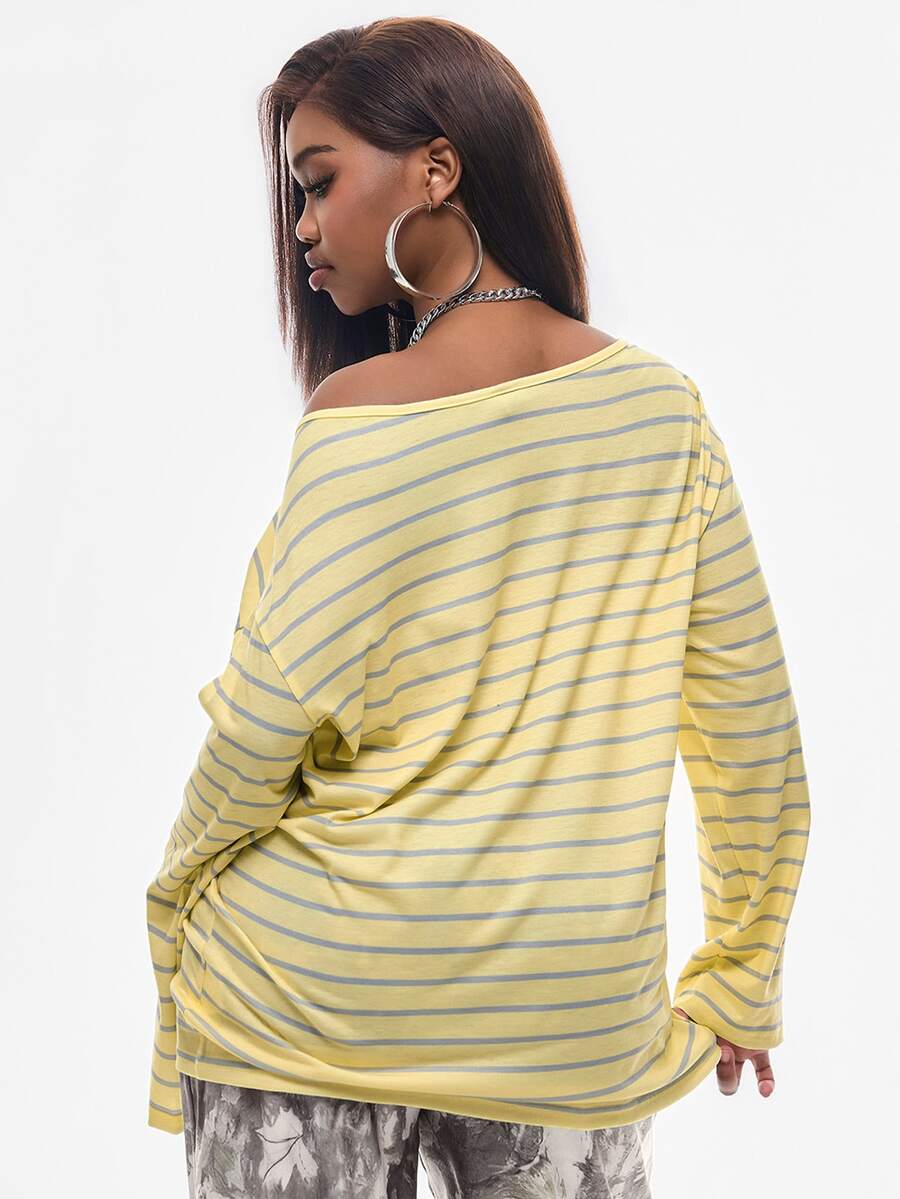 Women's brown striped boat neck long sleeve raglan T-shirt with a loose casual fit