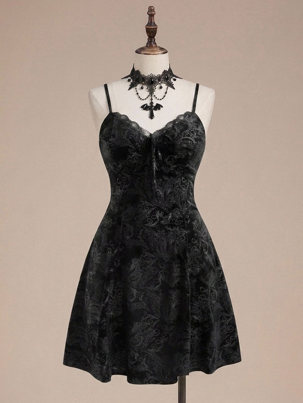 Plus size velvet slip dress featuring delicate contrast lace trim, spaghetti straps, and flared mini skirt with matching arm sleeves.
