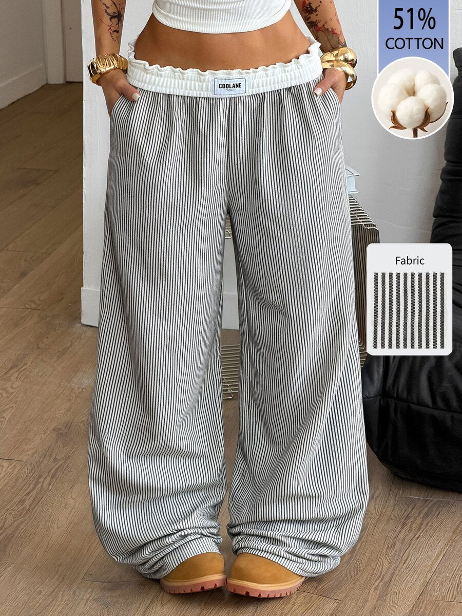 Women's striped straight leg casual trousers with elastic mid waist and side pockets