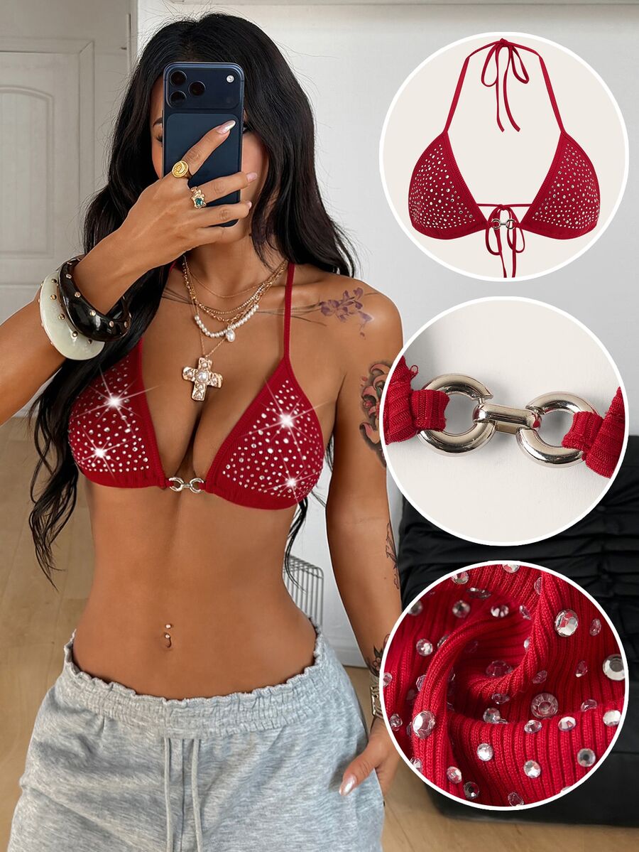 Women's slim fit halter crop top featuring a backless cut with knot and rhinestone accents.