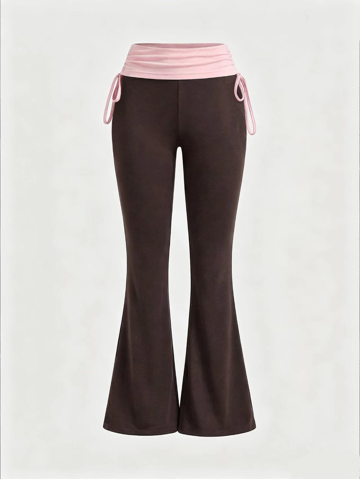 Women's low waist flare leg pants featuring an elastic drawstring waistband and ruched detail in knitted fabric.