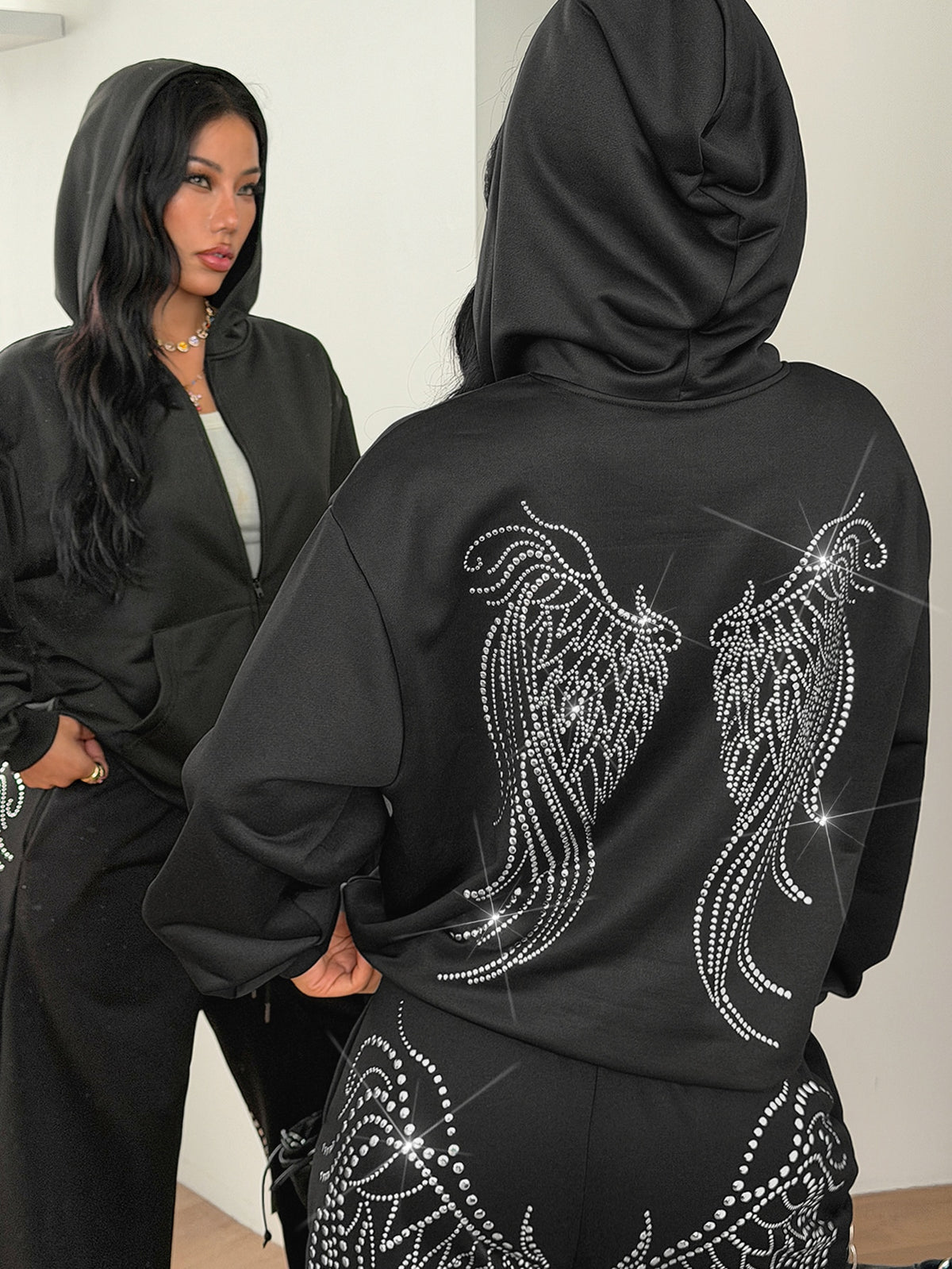 Women's brown leopard print zip-up hoodie with contrast faux fur trim and long bishop sleeves