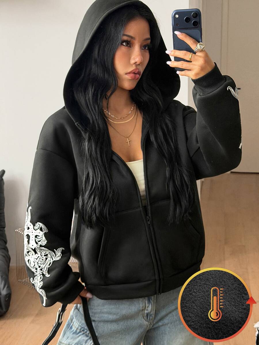 Women's brown leopard print zip-up hoodie with contrast faux fur trim and long bishop sleeves
