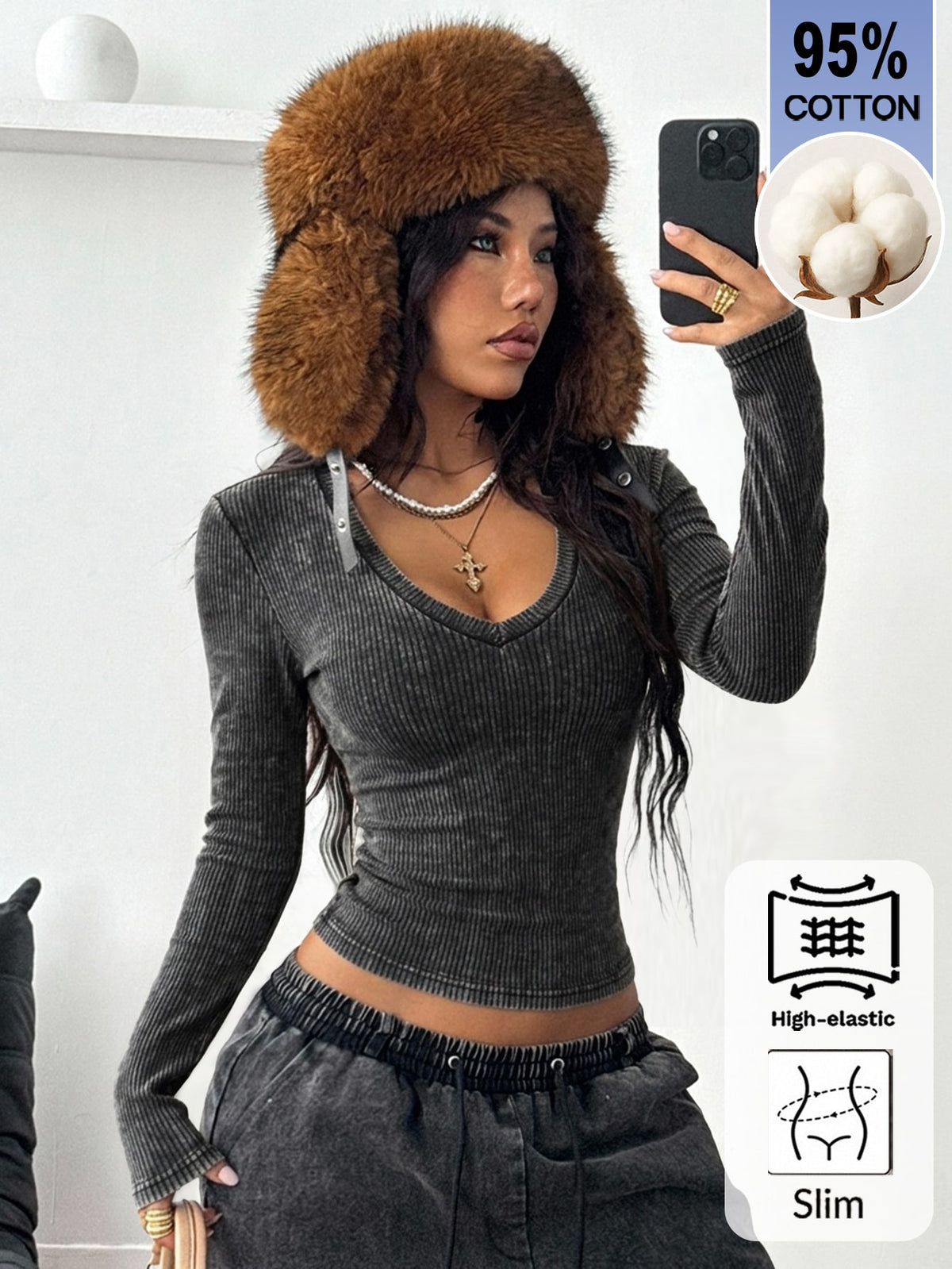 Women's fitted long sleeve rib-knit top featuring a deep V-neckline with delicate contrast lace detailing.
