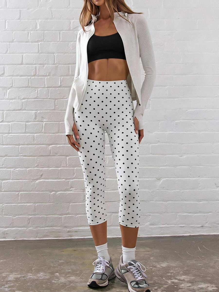 White capri leggings with elastic waistband and high stretch knitted fabric for women