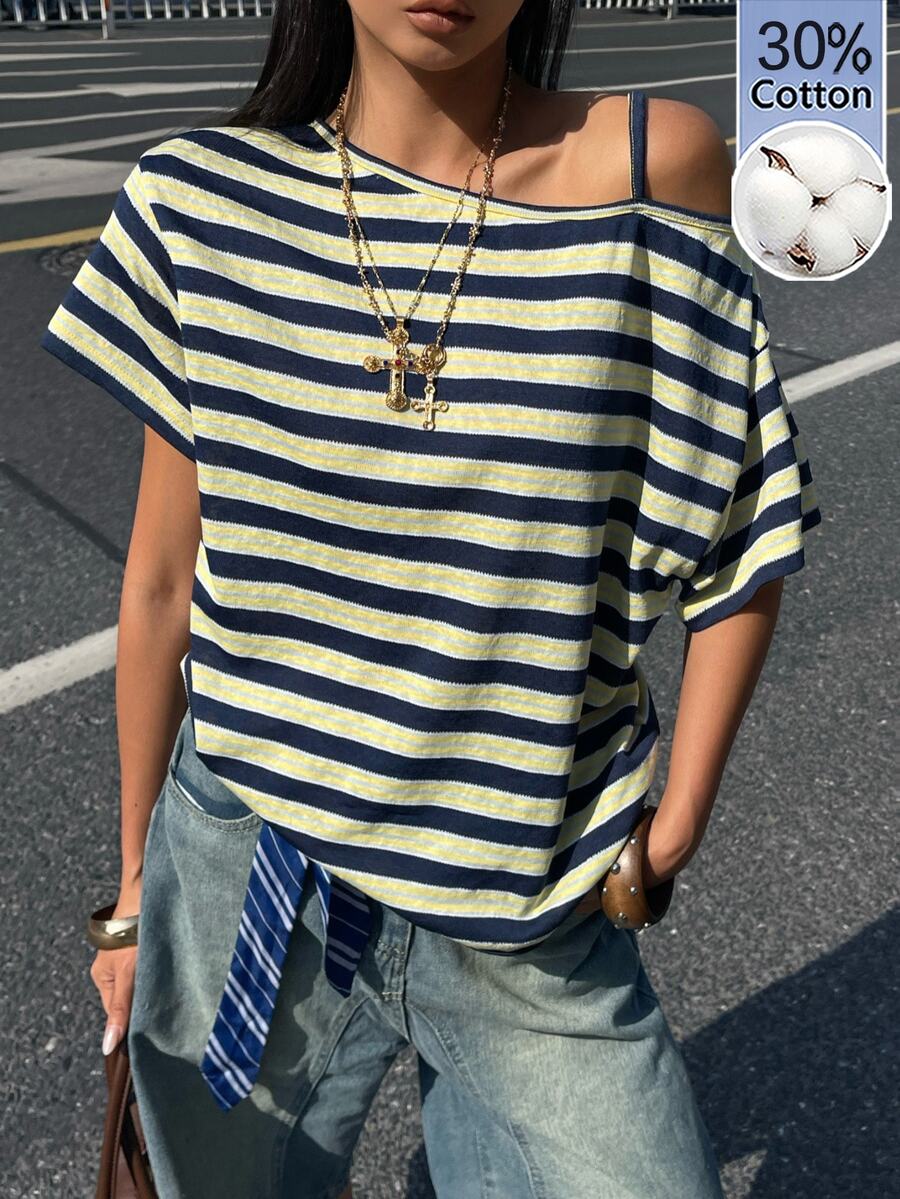Women's casual loose fit cold shoulder cotton t-shirt with asymmetrical cutout neckline and short sleeves.