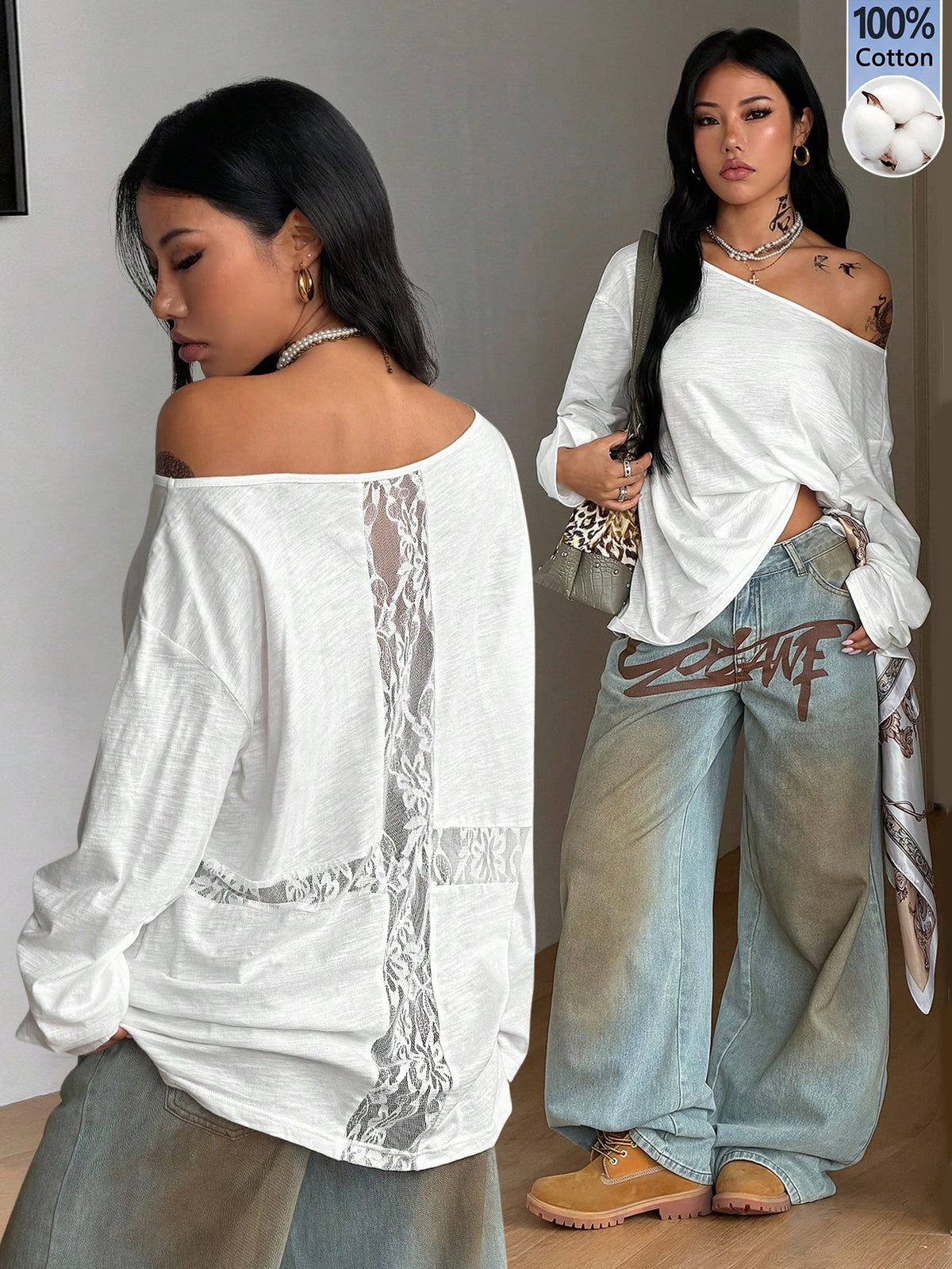 Women's brown striped boat neck long sleeve raglan T-shirt with a loose casual fit