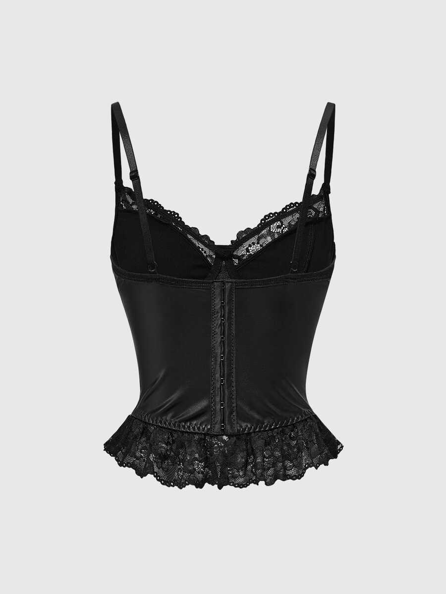 Front view of a black gothic camisole top featuring PU material, contrast lace trim, lace-up front detail, and spaghetti straps in a micro crop silhouette.