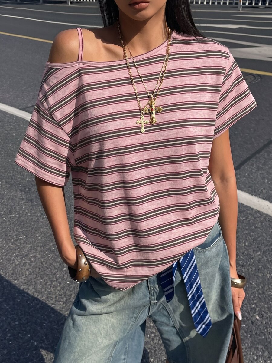 Women's casual loose fit cold shoulder cotton t-shirt with asymmetrical cutout neckline and short sleeves.