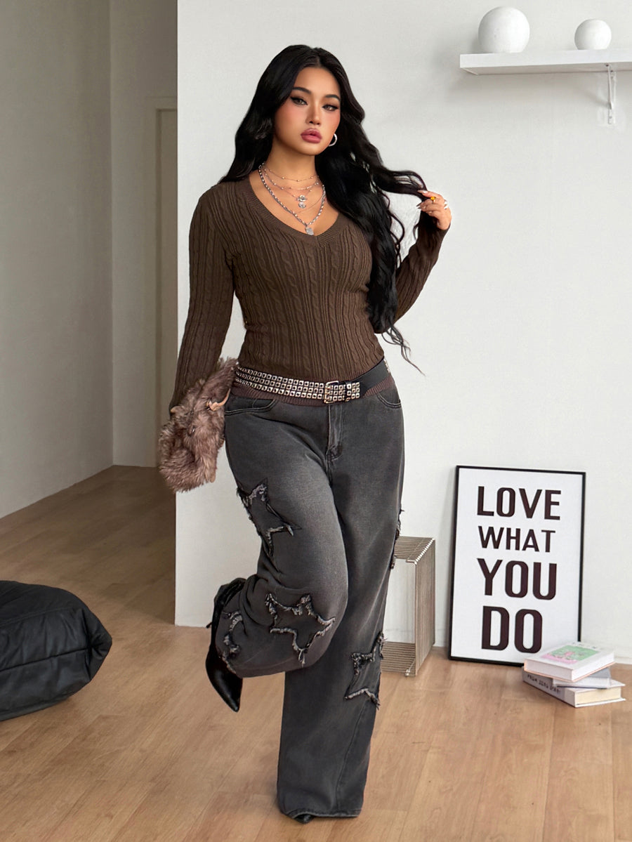 Women's brown V-neck cable knit slim fit long sleeve sweater with textured knit pattern