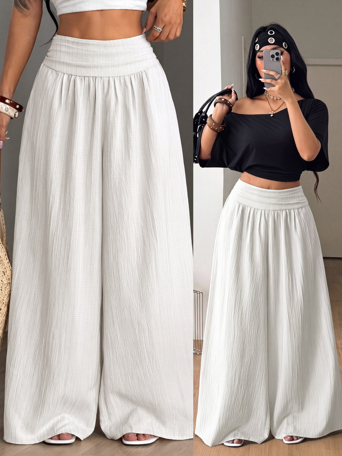 Women's plus size high-waist pleated wide leg pants in textured woven fabric with pockets