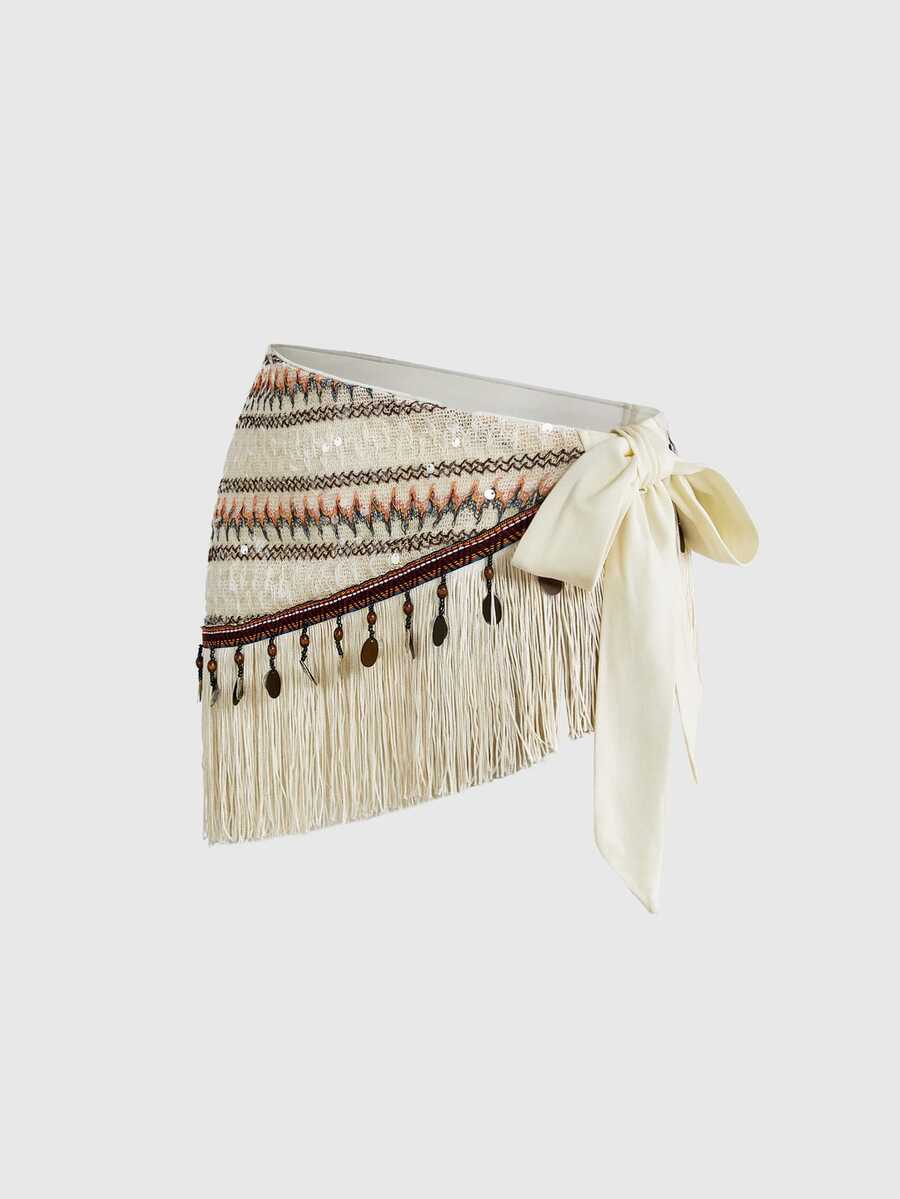 Women's mesh cover up skirt with tie waist and fringe hem detail