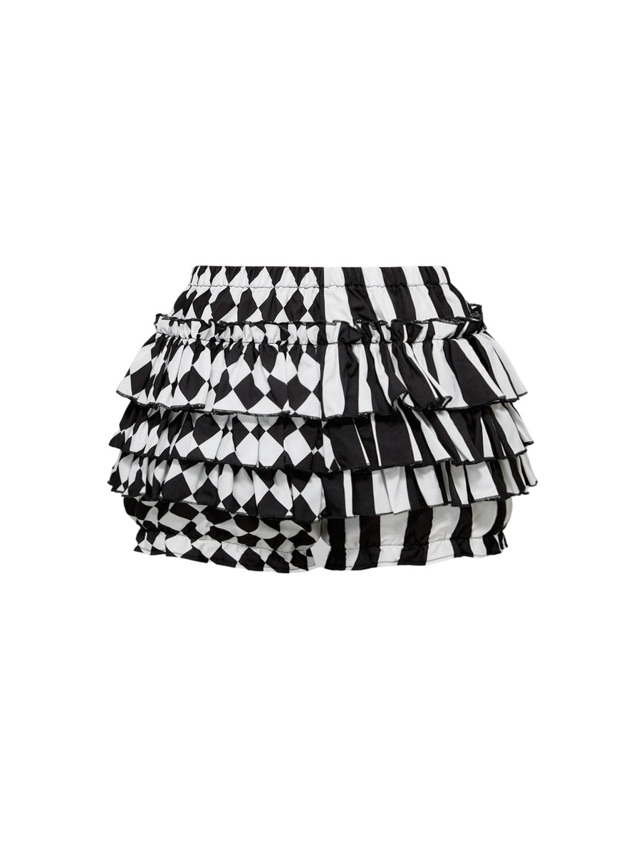 Black and white striped and geometric patchwork gothic pumpkin shorts for women featuring tiered ruffle hems and an elastic waistband.