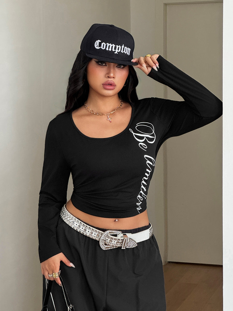 Plus size women's black square neck long sleeve top made from stretchy knitted fabric in a slim fit design.