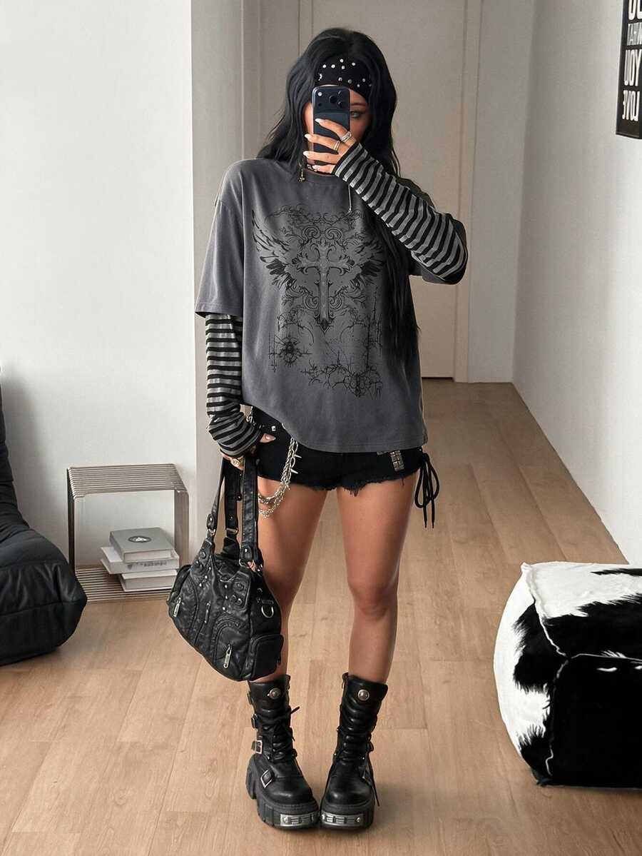 Women's casual graphic long sleeve t-shirt with a round neck, drop shoulder sleeves, and loose relaxed fit.