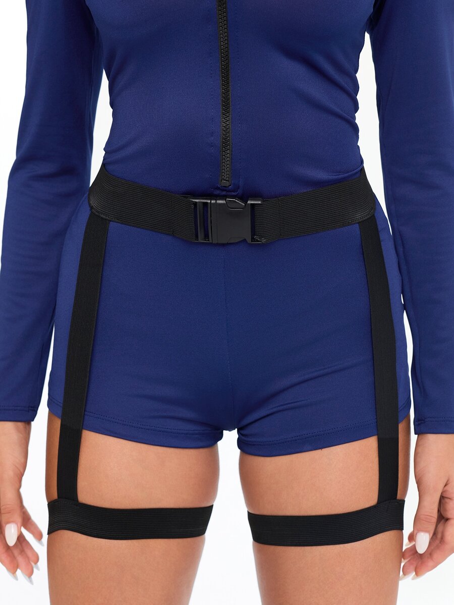 Women's blue colorblock police costume set featuring a long sleeve front zipper jumpsuit, turn-down collar, and matching waist belt with leg garter.