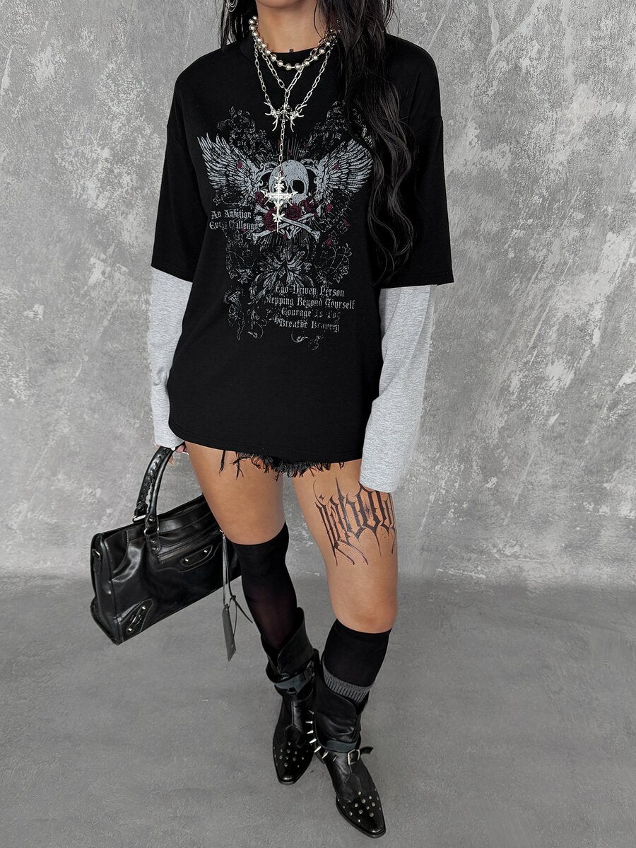 Women's casual graphic long sleeve t-shirt with a round neck, drop shoulder sleeves, and loose relaxed fit.