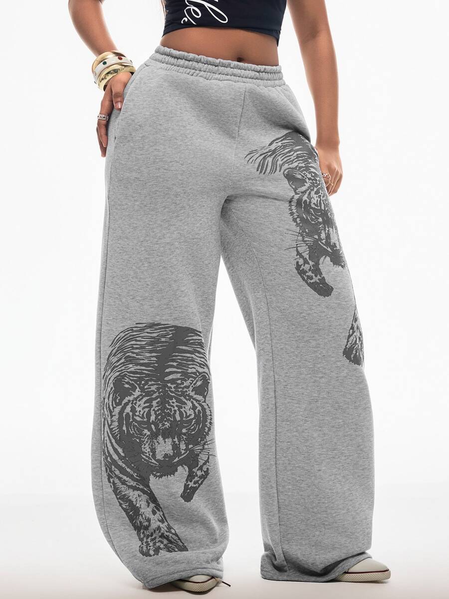 Women's striped straight leg casual trousers with elastic mid waist and side pockets