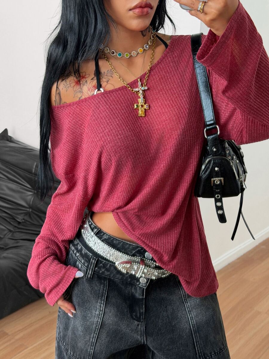 Women's brown striped boat neck long sleeve raglan T-shirt with a loose casual fit