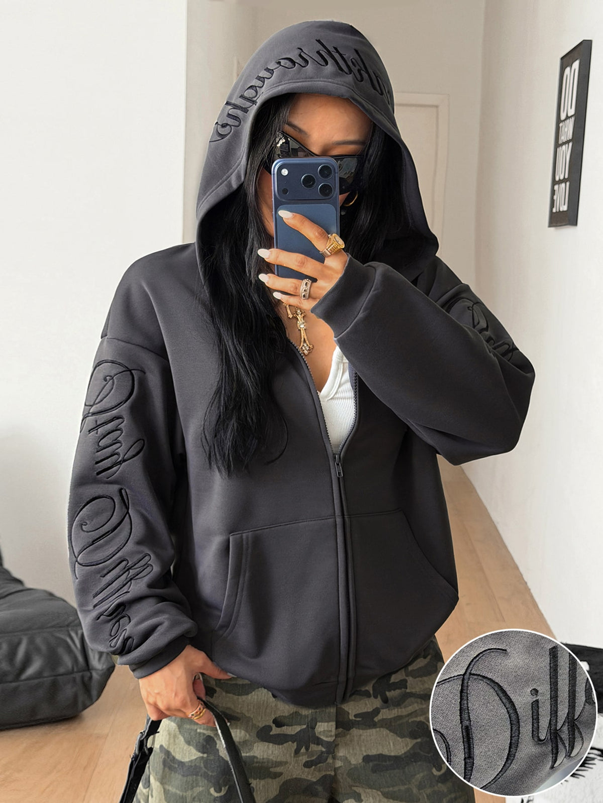 Women's brown leopard print zip-up hoodie with contrast faux fur trim and long bishop sleeves