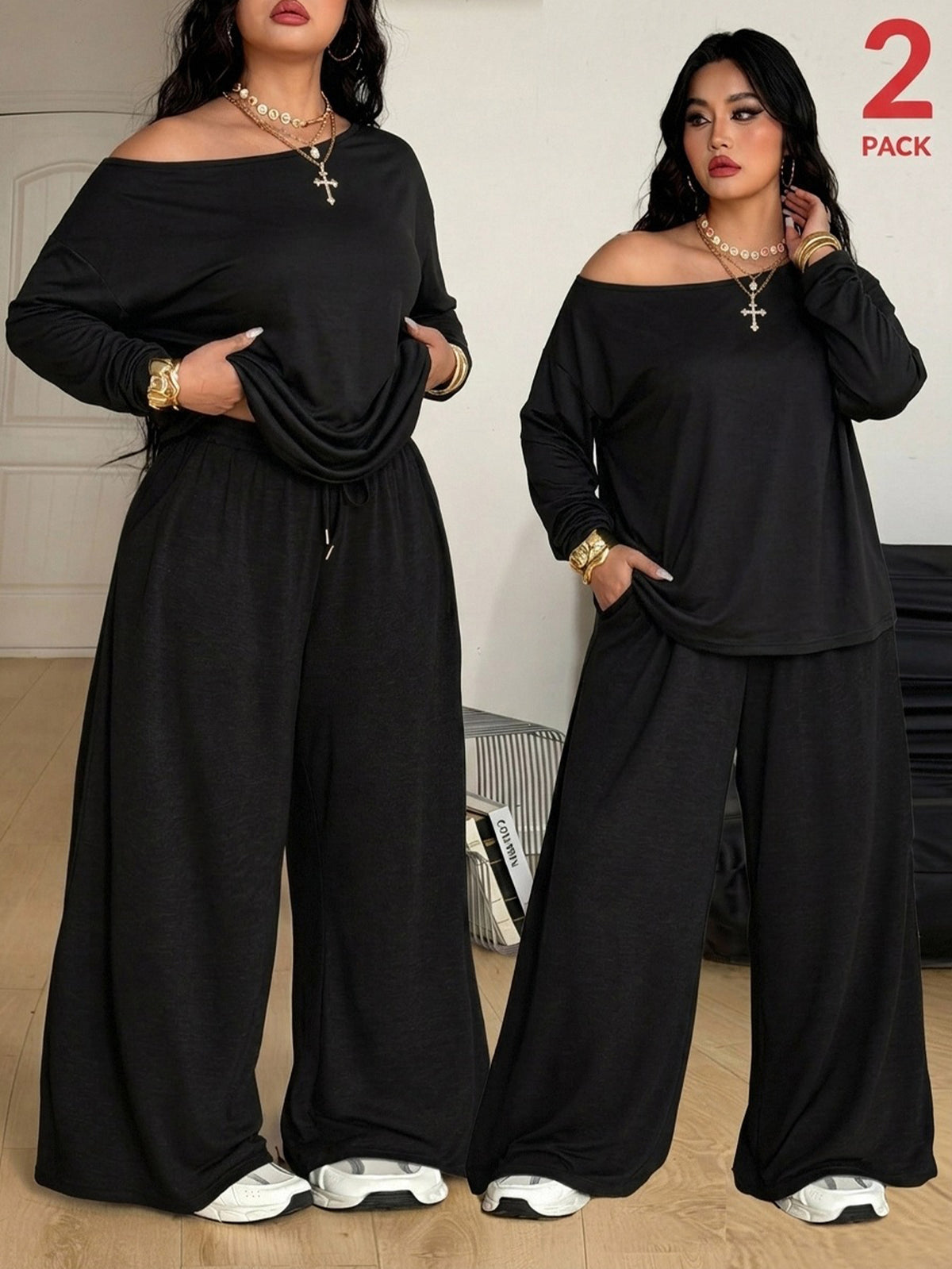 Women's two-piece lounge set featuring a loose drop shoulder asymmetrical neck short sleeve t-shirt and wide-leg knit pants with pockets.