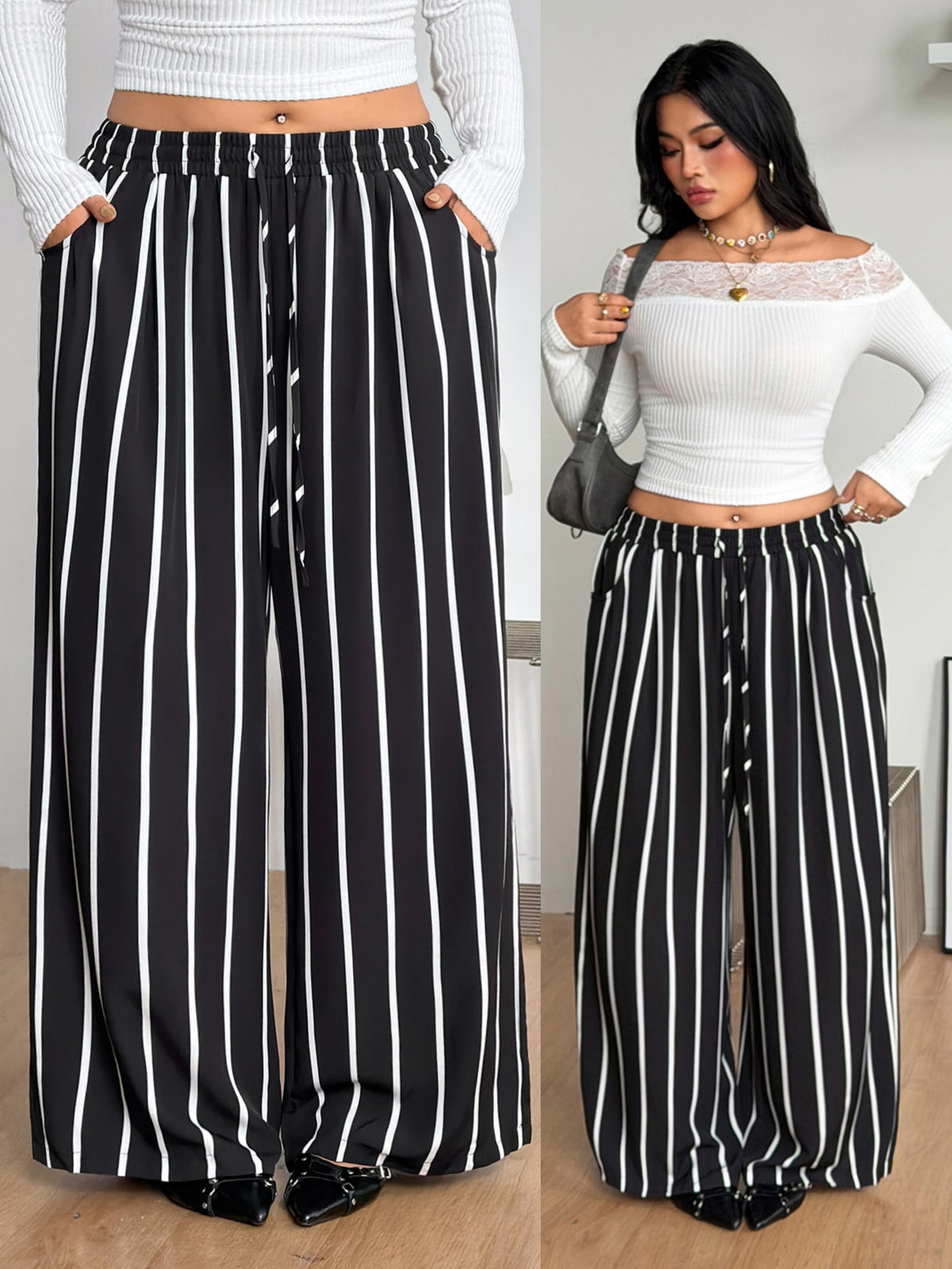 Plus size women's striped loose straight leg cropped pants with pleated detailing and side pockets