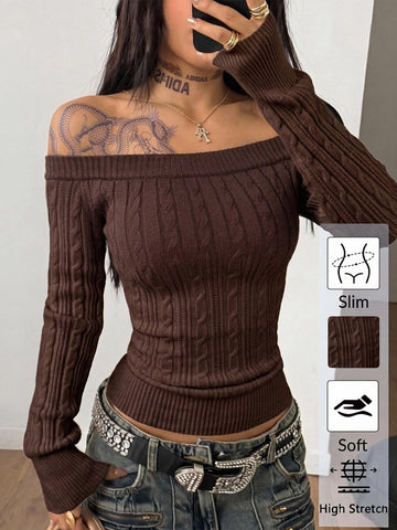 Front view of a women's brown off-the-shoulder sweater with cable-knit detailing and three-quarter sleeves